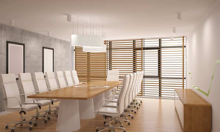 Modern office with sleek white blinds partially open