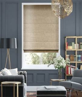 Beige linen Roman blinds partially drawn in a cozy dining area