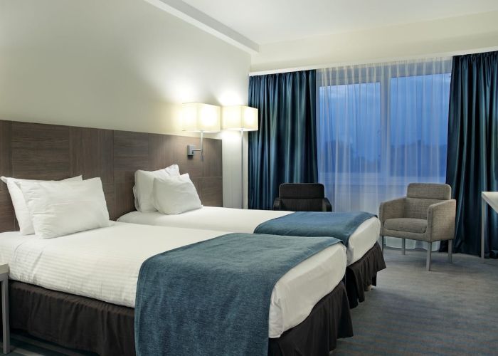 Hotel suite with luxurious velvet drapes