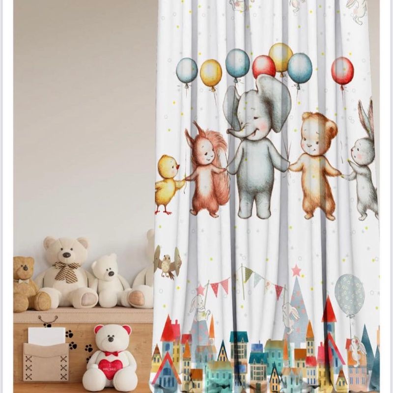 Whimsical nursery decor with animal illustrations and balloons