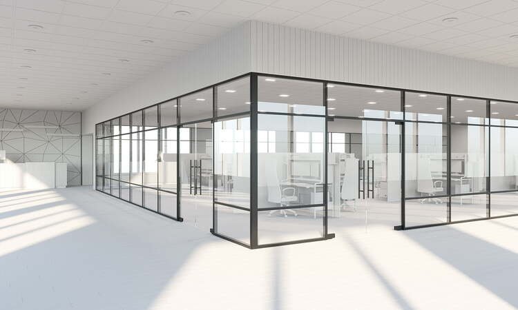 Modern glass partition dividing office space with sleek, clean design