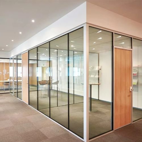 Stylish glass partition creating open spaces